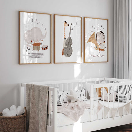 Illustrated musical safari animals band wall art set in soft neutral tones