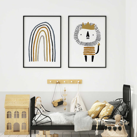Minimalist rainbow wall art in mustard and black tones