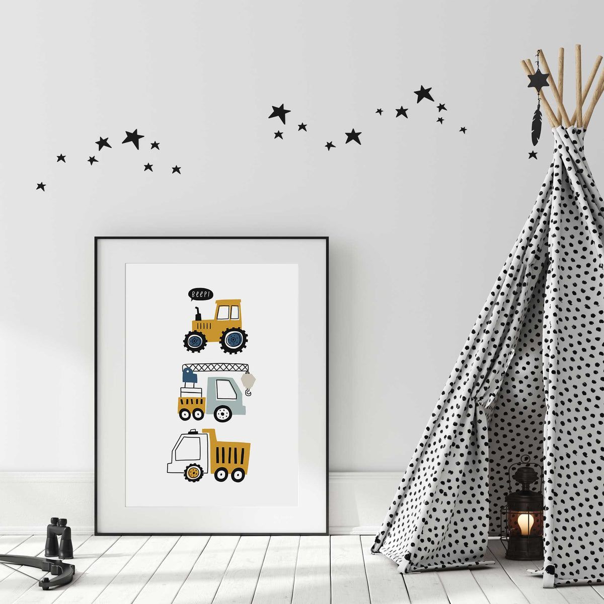 Mustard tractor with blue wheels above a crane truck and dump truck, arranged vertically with a Beep! speech bubble