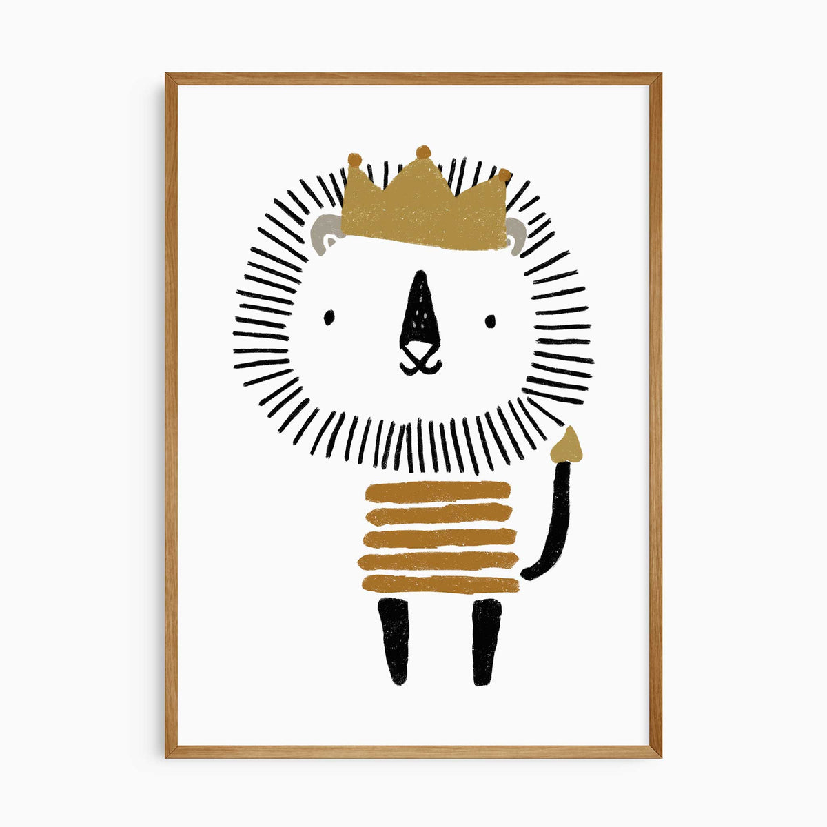Cartoon lion print with a mustard crown, black linework mane, striped mustard body and a curved black tail.