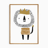 Cartoon lion print with a mustard crown, black linework mane, striped mustard body and a curved black tail.