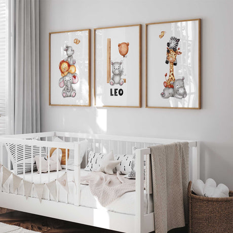 Personalized name and initial print with safari animal character holding a balloon