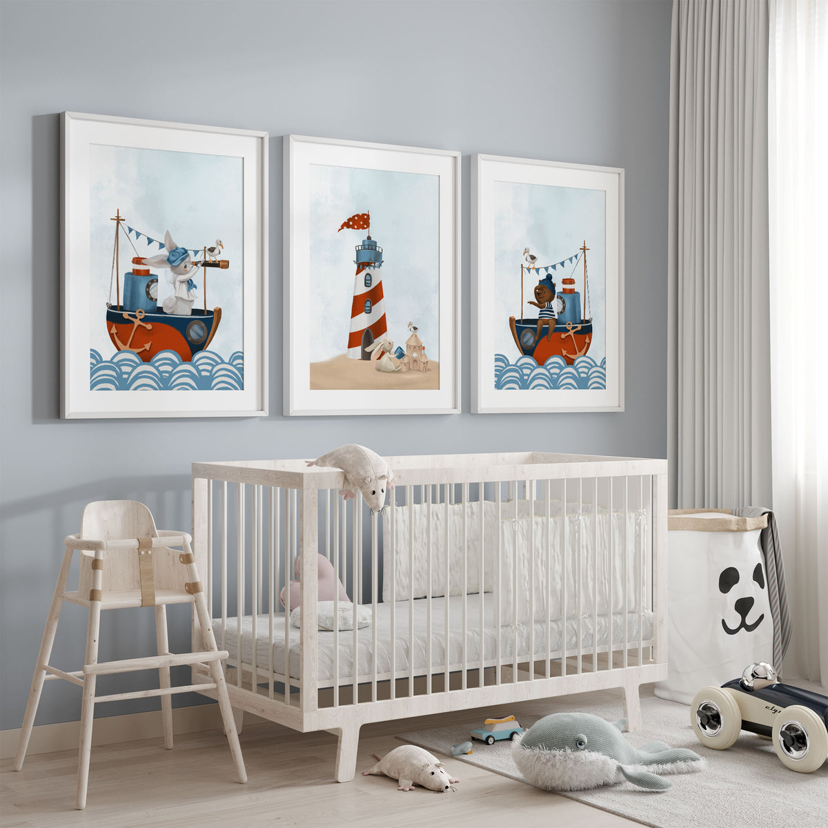 Three nautical animal prints featuring a bunny with a telescope, a teddy bear sailor and a seaside lighthouse scene.