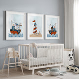 Three nautical animal prints featuring a bunny with a telescope, a teddy bear sailor and a seaside lighthouse scene.