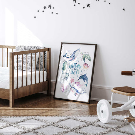 Nautical themed boys nursery print with whale, turtle and dolphin watercolor ocean design