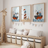 Bunny sailor on a red and navy blue boat with telescope – nautical nursery wall art print