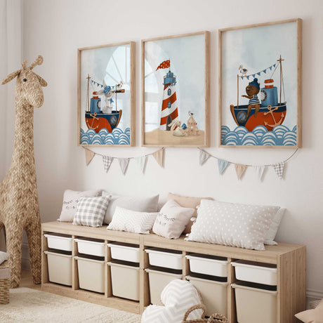 Bunny sailor on a red and navy blue boat with telescope nautical nursery wall art print