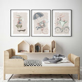 Neutral adventure themed wall art trio with playful animal illustrations for kids bedrooms