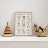 Neutral animal nursery print with elephant, lion, fox, giraffe and koala in soft beige and cream tones.