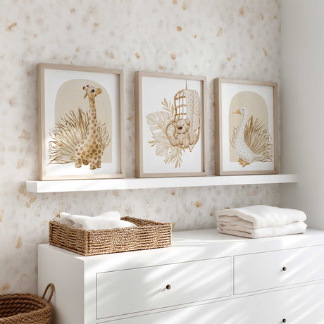 Set of 3 neutral animal nursery prints featuring giraffe, teddy bear, and duck illustrations, perfect for baby or kids room décor.
