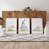 Neutral animal nursery prints set of 3 with capybara rhino zebra and sheep wall art