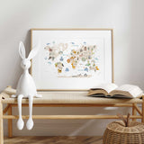 Neutral animal world map wall art with soft pastel illustrations
