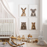 Neutral Australian animal baby room art set with four framed nursery prints