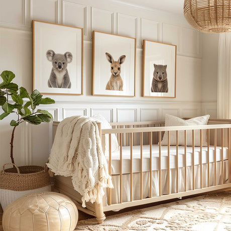Neutral Australian animal wall art set for a baby nursery or kids bedroom