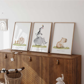 Neutral baby room animal print set with gentle wording for calm nursery styling