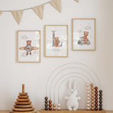Bear nursery prints with a pilot bear, grey initial and name with balloon bear, and bear riding a grey toy car.