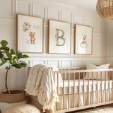Custom name teddy bear nursery print set in warm brown, cream and soft grey neutral tones