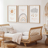 Neutral boho nursery wall art set featuring sun, rainbow and cloud prints in beige and grey tones for baby room decor