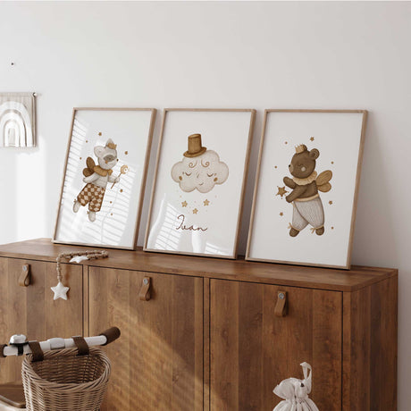 Neutral boys nursery wall art set featuring animal prints and personalised cloud name design