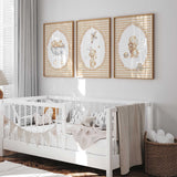 Neutral bunny nursery prints set of three with beige gingham background