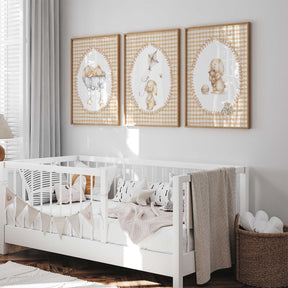 Neutral bunny nursery prints set of three with beige gingham background