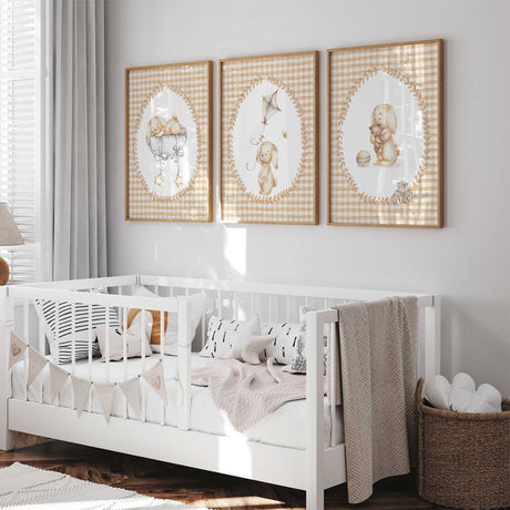 Neutral bunny nursery prints set of three with beige gingham background
