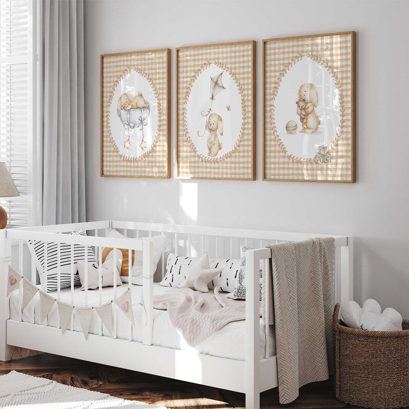 Neutral bunny nursery prints set of three with beige gingham background