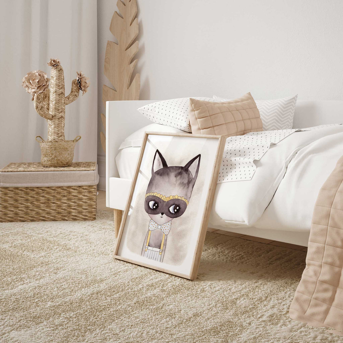Neutral cat print in soft grey, beige and yellow with an expressive face and illustrated clothing details