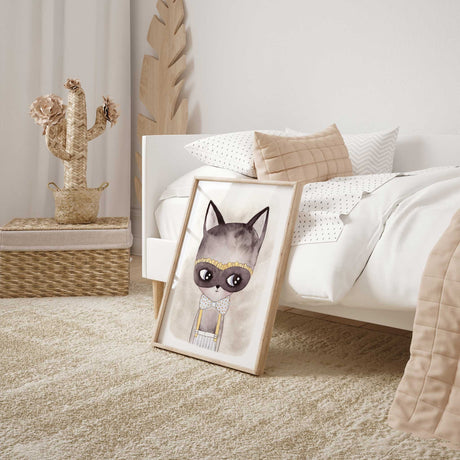 Neutral cat print in soft grey, beige and yellow with an expressive face and illustrated clothing details