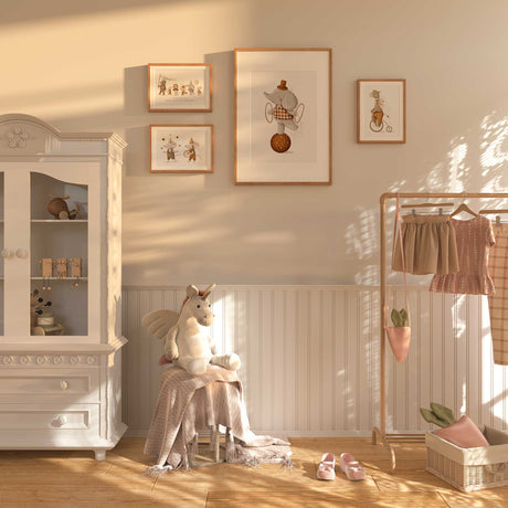 Neutral circus theme nursery art set with illustrated characters in soft beige and brown for kids rooms.