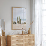 Neutral coastal photography print with minimalist cactus landscape