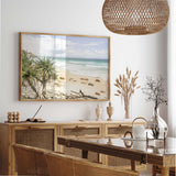 Neutral coastal wall art print with soft pastel beach tones