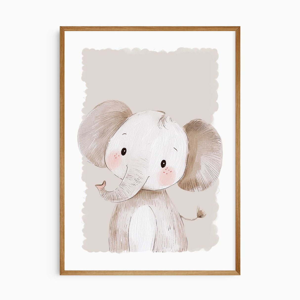 Sweet elephant nursery print with soft grey and beige details on a scalloped neutral background.