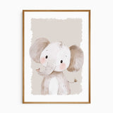 Sweet elephant nursery print with soft grey and beige details on a scalloped neutral background.