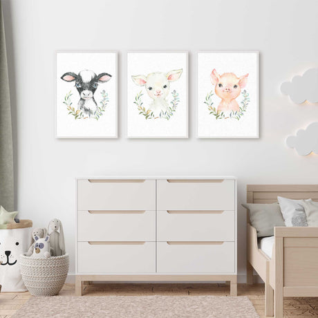 Neutral baby farm prints with cute illustrated countryside animals