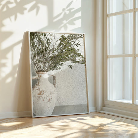 Close-up of rustic vase with greenery for home wall art