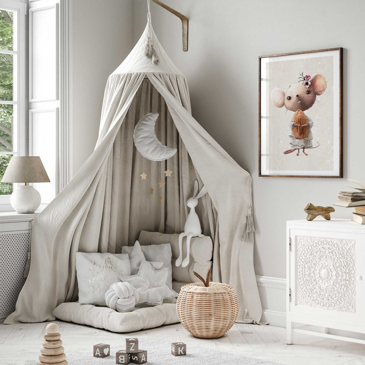 Neutral toned kids wall art print with sweet baby mouse illustration for nursery spaces