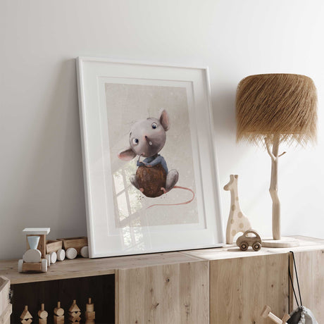 Neutral mouse nursery art print featuring gentle animal illustration suitable for boys girls and shared nursery rooms