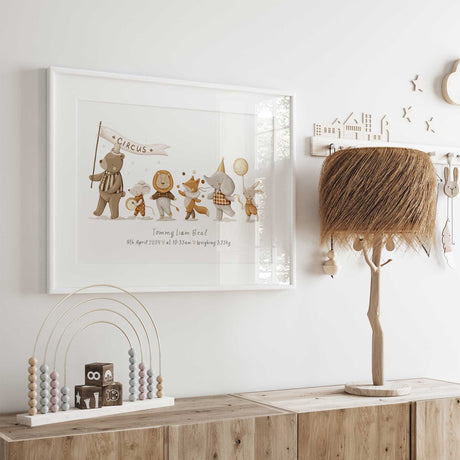 Neutral toned birth details art print with illustrated circus characters and personalised baby information.