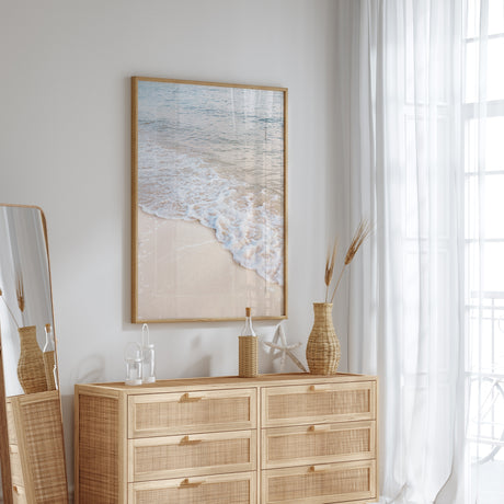 neutral ocean wave wall art showing gentle surf washing onto sand