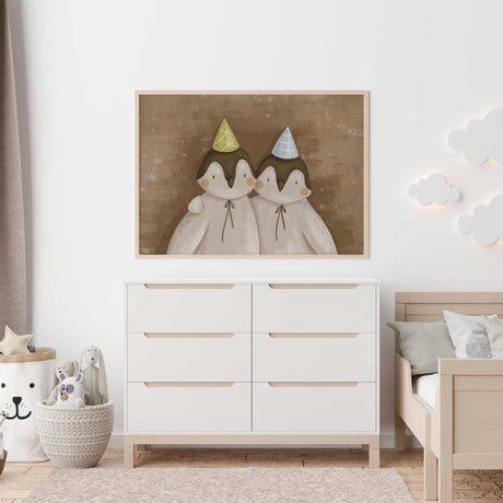 Neutral penguin birthday wall art for nursery or toddler room