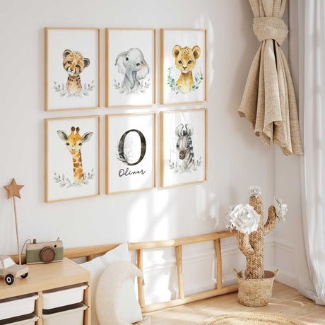 Neutral safari animal nursery wall art set with personalised initial for boys nursery