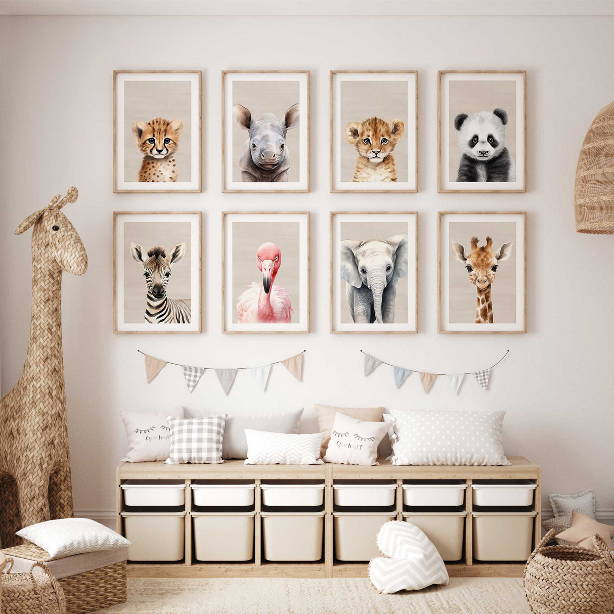 Eight safari animal nursery prints arranged as a large gallery wall with elephant giraffe zebra panda and other animals