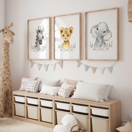 Neutral safari animal prints for nursery with elephant lion cub and zebra