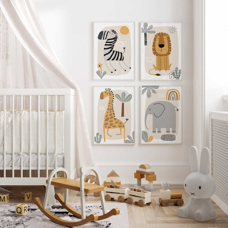 Neutral safari nursery decor animal wall art set