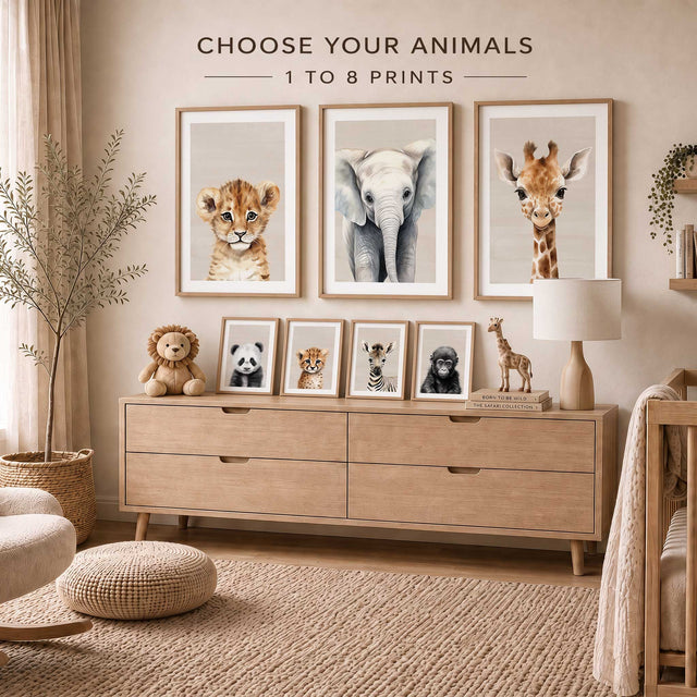 Neutral safari nursery prints displayed as a coordinated animal collection for a warm modern baby or young child's room