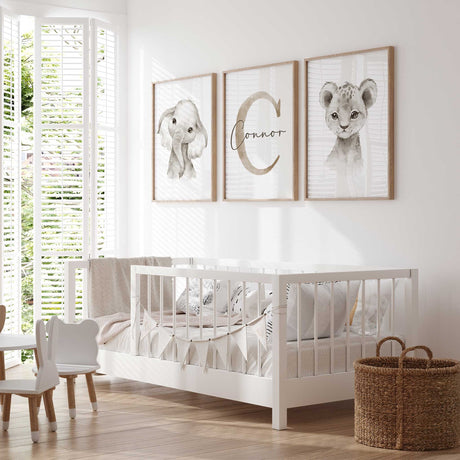 Unframed safari wall art trio in beige for gender-neutral nursery decor