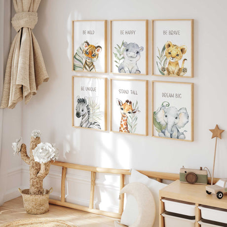 Neutral-coloured safari animal nursery prints ideal for modern, minimalist baby room decoration.