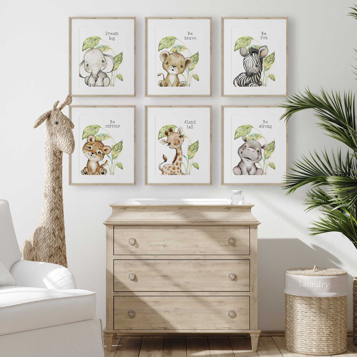 Neutral safari nursery wall art set with leafy green animal prints and positive sayings