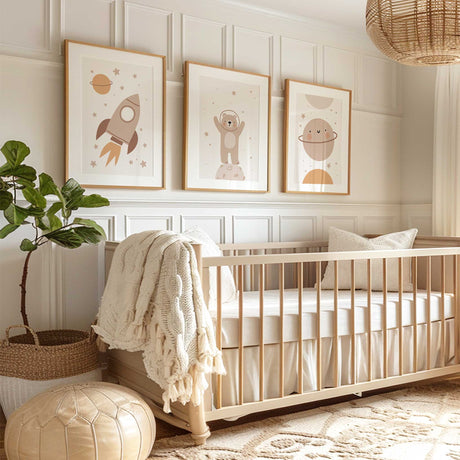 Neutral space nursery wall art set featuring a rocket, astronaut bear and smiling planet prints in soft beige tones